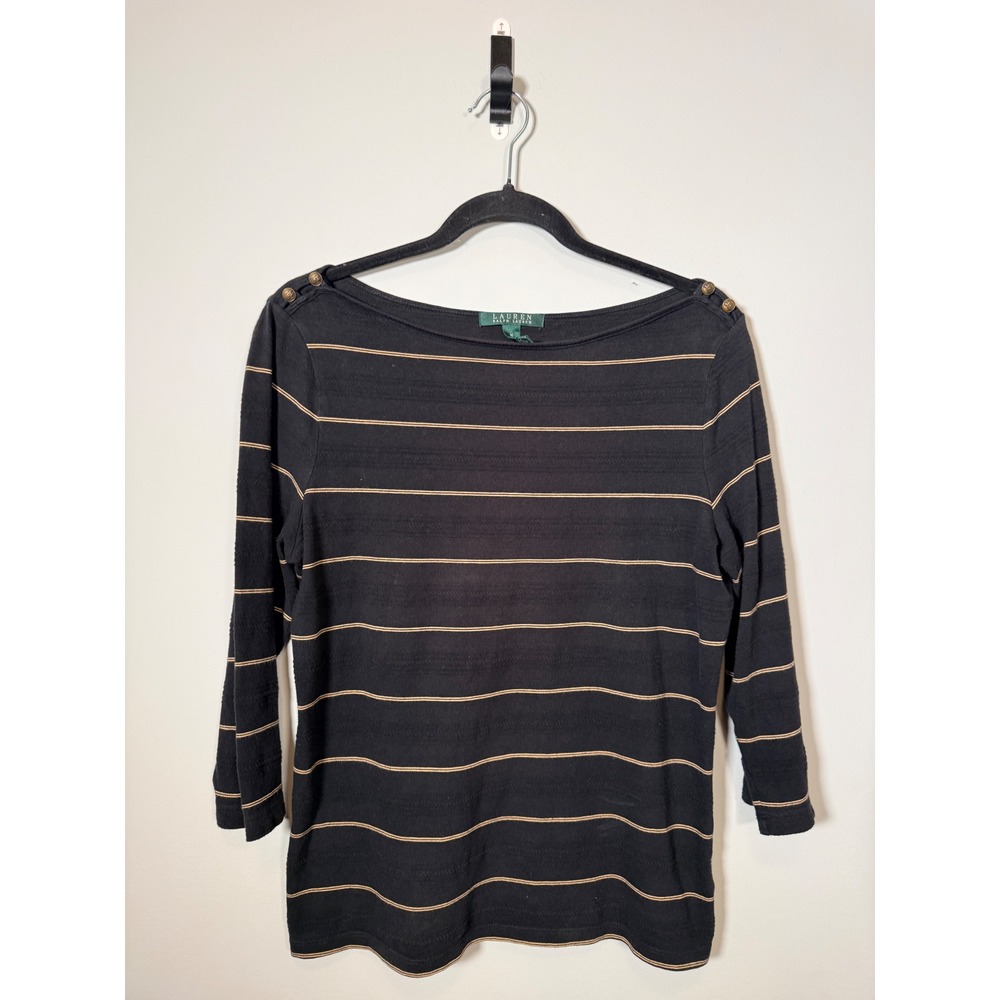 Lauren Ralph Lauren Striped Boat Neck Top Black Gold Button Shoulder Size M